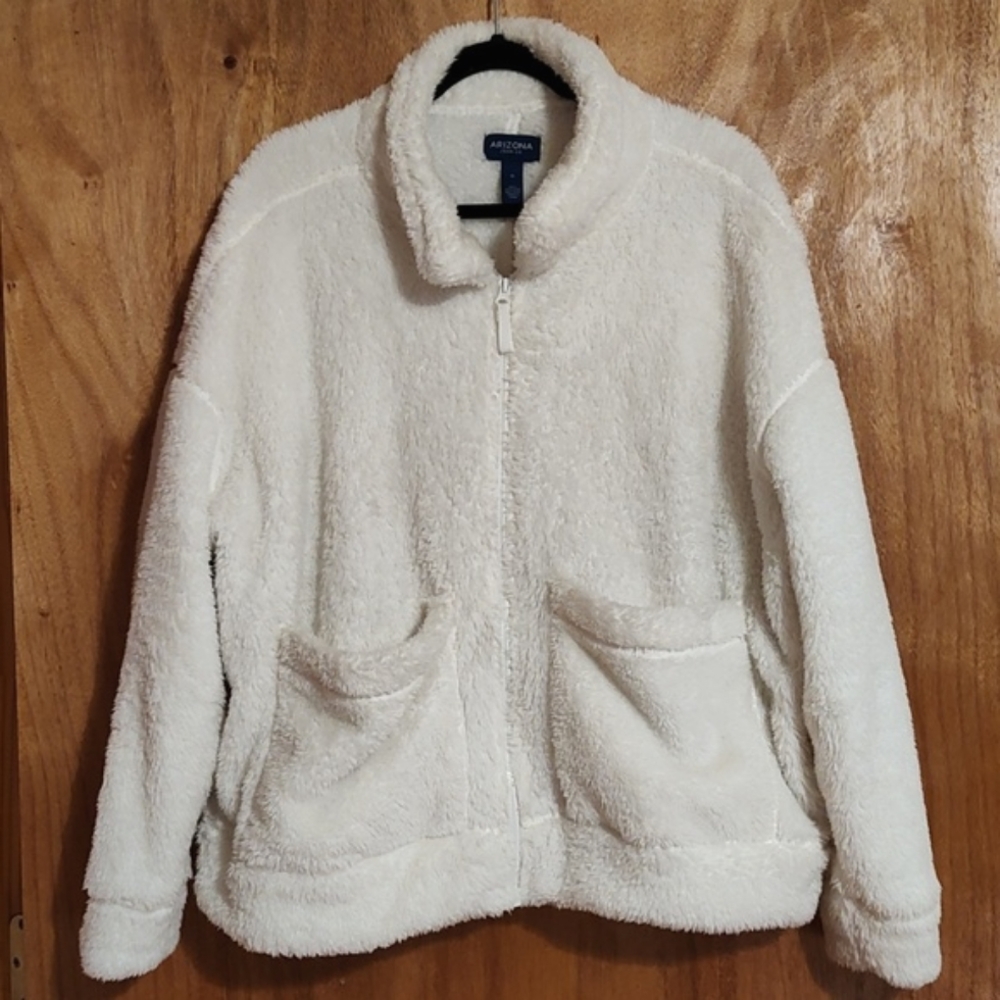Arizona Jean Co Womens Super Soft Cropped Teddy Bear Fleece Cream Zip-Up Cozy XL